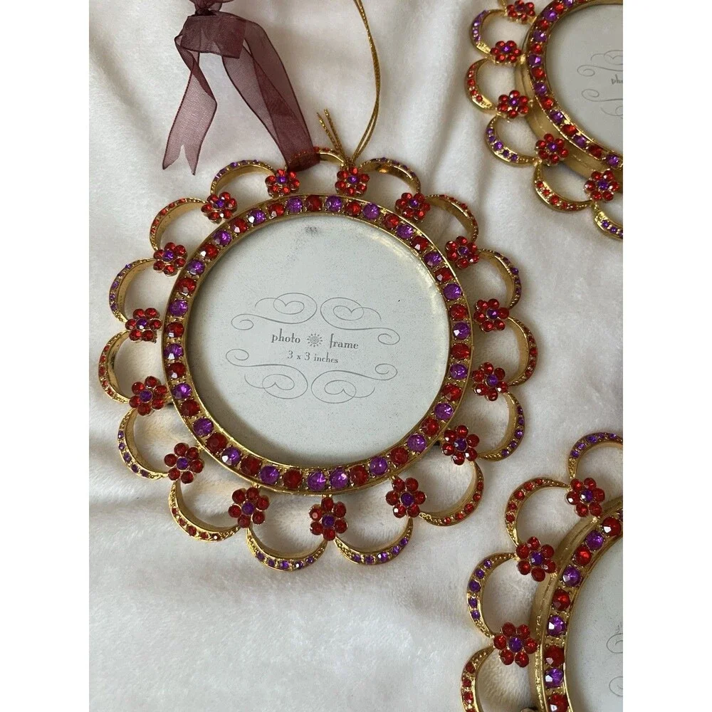 Home For The Holidays Gold w/ Bling Round Hanging Photo Frame Ornaments Set of 4
